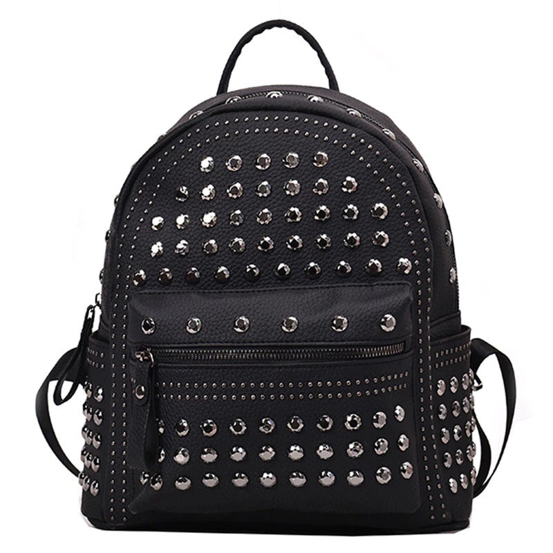 Black casual backpack with rivet metal decorations for women, perfect for gothic style and everyday use.