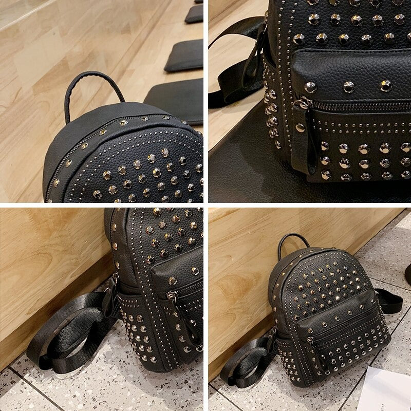 Stylish black casual backpack with rivet details, perfect for goth-inspired outfits and everyday use.