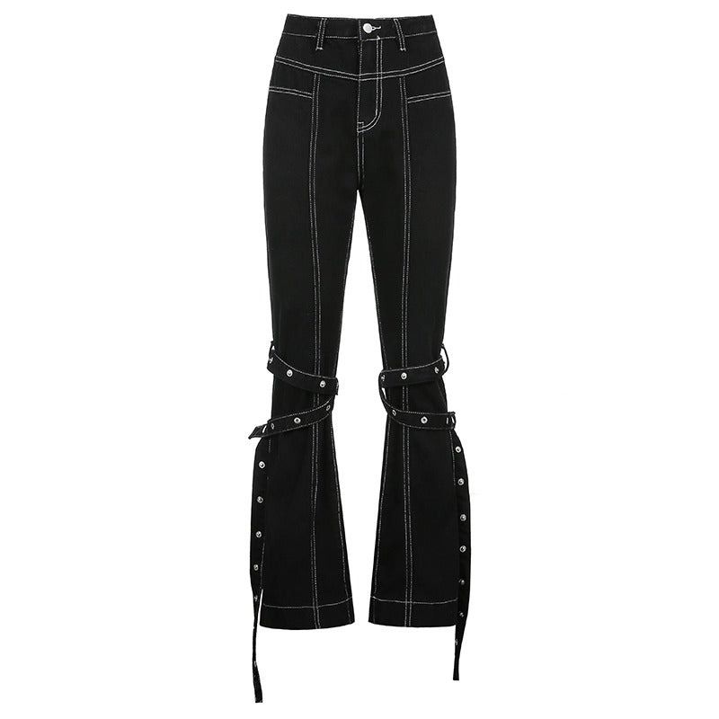 Women's high waist black rivet trousers with zip details and straps, perfect for rave outfits and gothic styles.