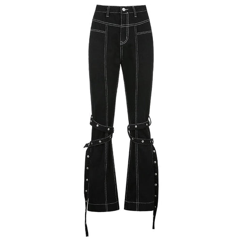 Women Skinny High Waist Black Rivet Trousers with Zip Details and Straps / Female Rave Outfits