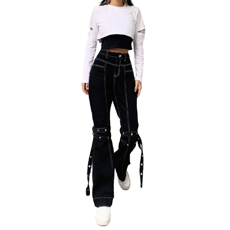 Women skinny high waist black rivet trousers with zip details, stylish and comfy for goth or rave outfits.