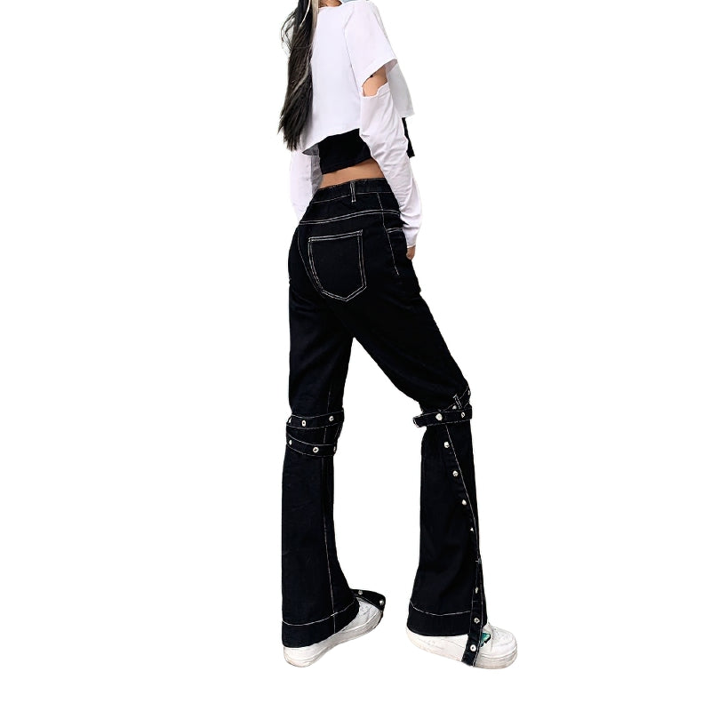 Women Skinny High Waist Black Rivet Trousers with Zip Details and Straps / Female Rave Outfits - HARD'N'HEAVY