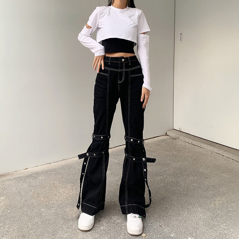 Women Skinny High Waist Black Rivet Trousers with Zip Details and Straps / Female Rave Outfits - HARD'N'HEAVY