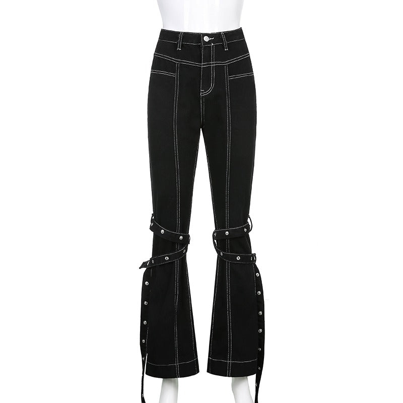 Black high waist rivet trousers with zip details and straps for women, ideal for gothic and rave outfits.