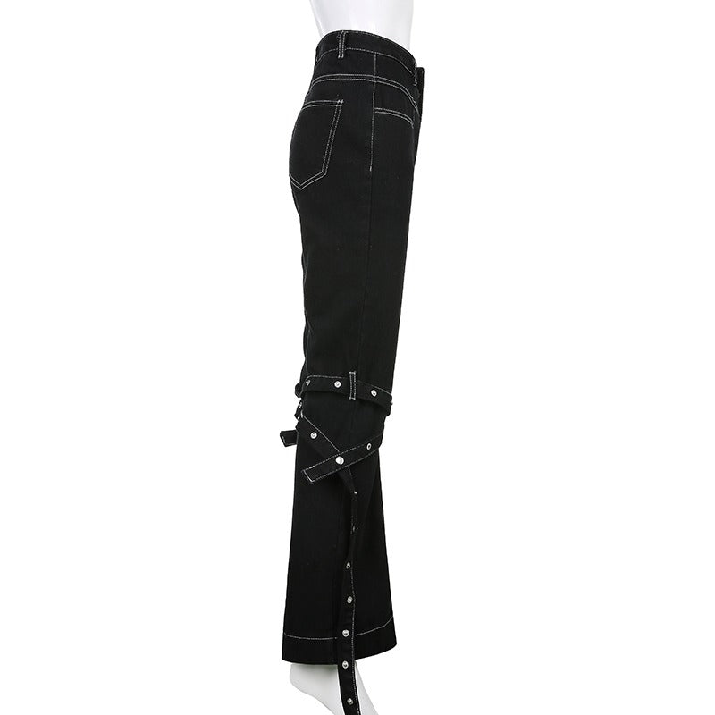 Women skinny high waist black rivet trousers with zip details, stylish for goth or rave outfits.