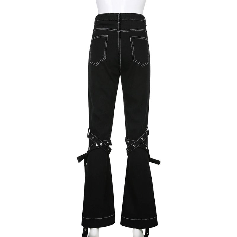 Black high-waist trousers for women with zip details and straps, perfect for gothic and rave outfits.