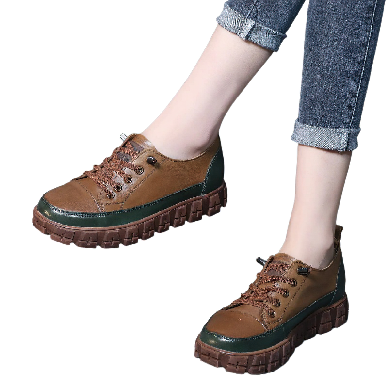 Stylish women's genuine leather lace-up sneakers in brown and green, perfect casual footwear with platform soles.