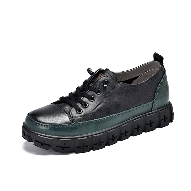 Stylish women's genuine leather sneakers in black with lace-up design and chunky platform sole.