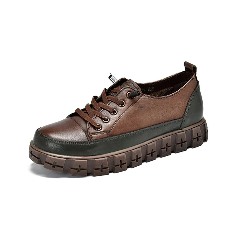 Stylish women's genuine leather lace-up sneakers in brown with platform soles for a modern casual look.