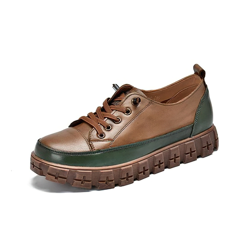 Stylish women's genuine leather lace-up sneakers with platform soles in brown and green, perfect for casual wear.