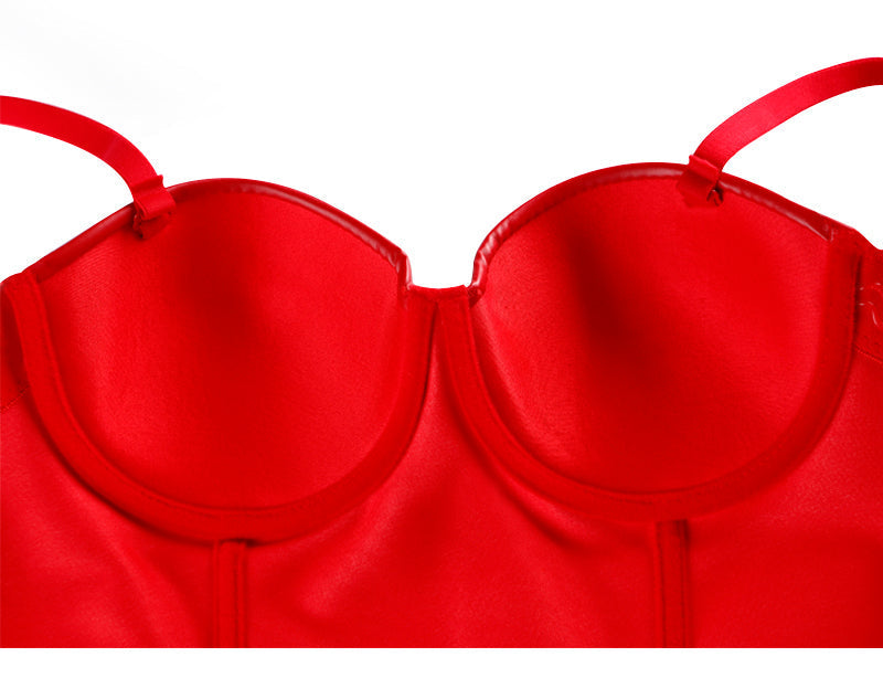 Close-up of a red PU leather push-up bra top featuring unique gothic design elements.