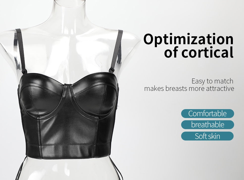Women’s black leather corset bra top designed for comfort and breathability, ideal for gothic and rock outfits.