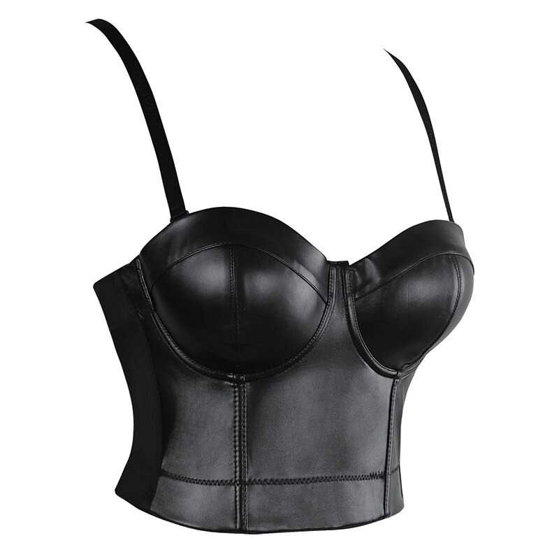Black PU leather push-up corset bra top with adjustable straps in gothic style for women.