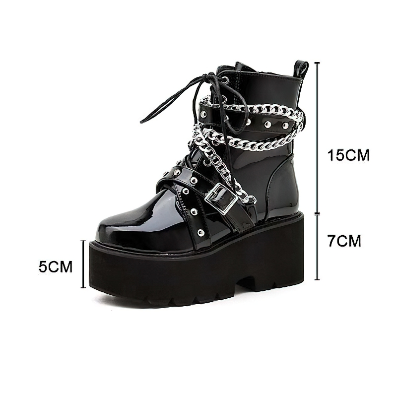 Women Stylish Boots With Chain And Rivets / Footwear Of Square Heel / Short Plush Inside - HARD'N'HEAVY