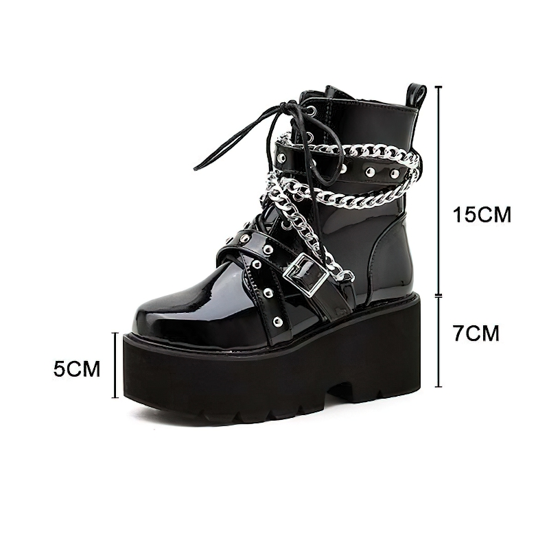 Women’s stylish black PU leather boots with chain and rivets, high platform sole, trendy rock style footwear.