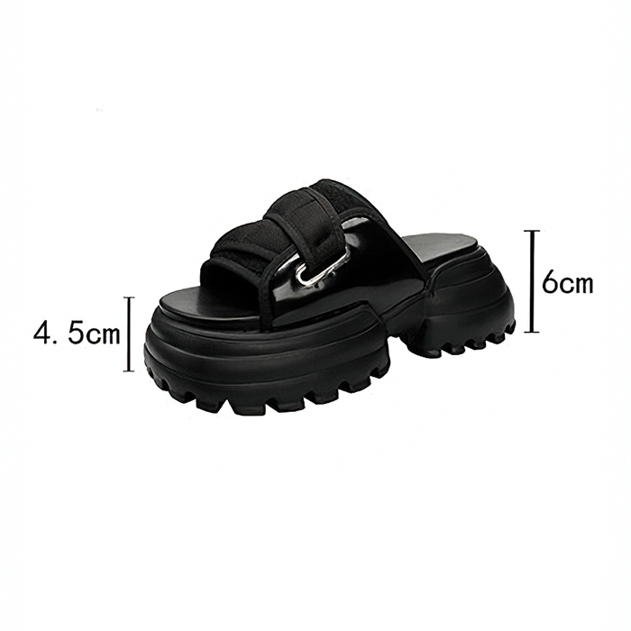 Women's thick platform black open toe sandals with chunky sole for summer beach style.