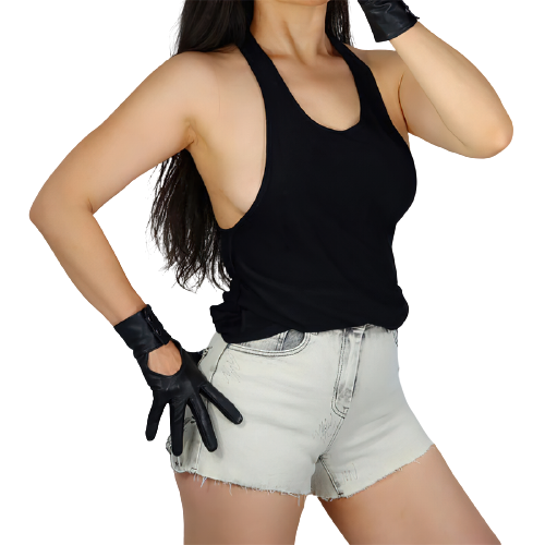 Model showcasing women’s alternative fashion gloves with buttons, paired with a stylish black tank top and shorts.