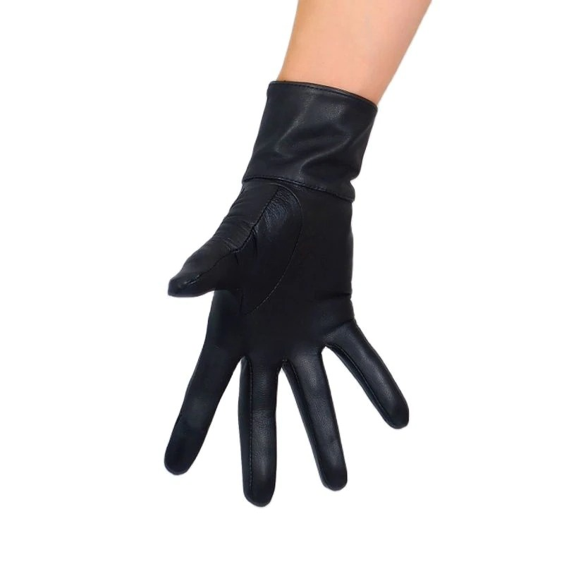 Women’s alternative fashion black leather glove with stylish button detail, perfect for trendy outfits.