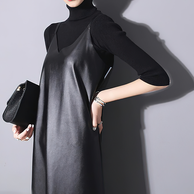Women Black Faux Leather Sleeveless Dress / Casual Spaghetti Straps V Neck Split Dress - HARD'N'HEAVY