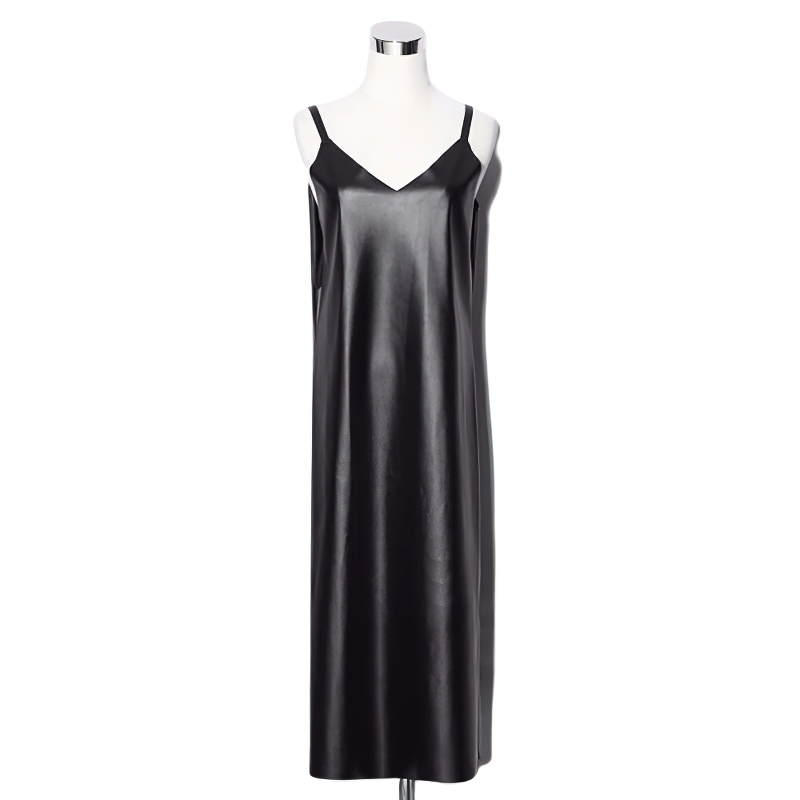 Women Black Faux Leather Sleeveless Dress / Casual Spaghetti Straps V Neck Split Dress - HARD'N'HEAVY