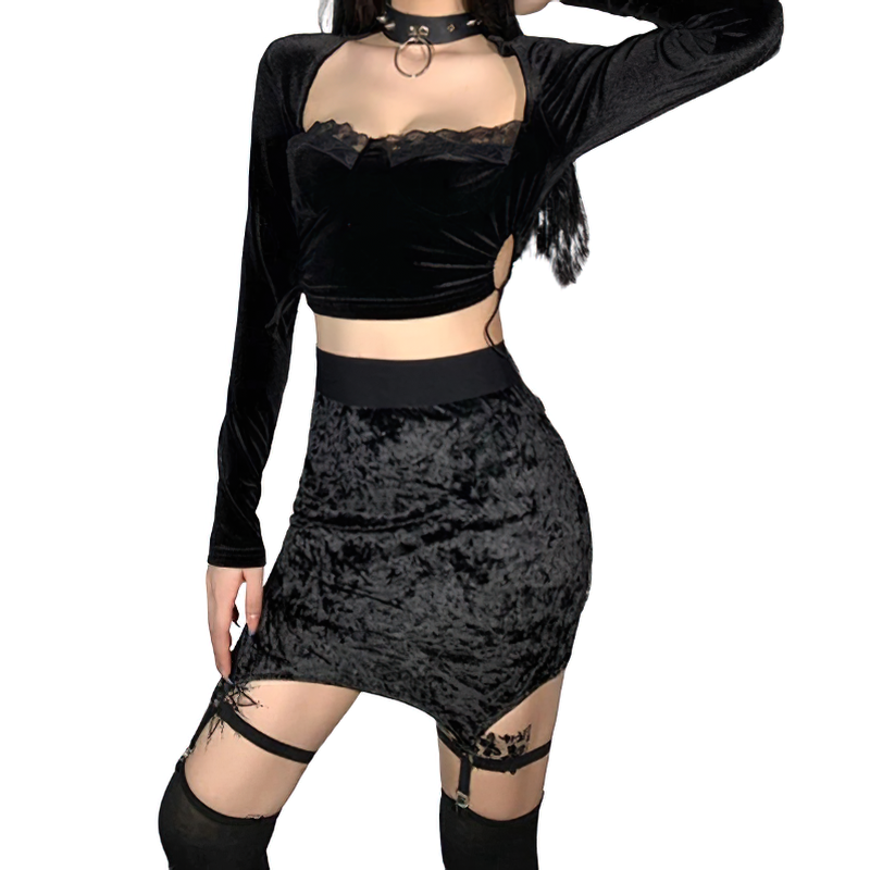 Women Velvet Mini Skirt Of High Waist / Female Dark Sexy Streetwear / Gothic Style - HARD'N'HEAVY