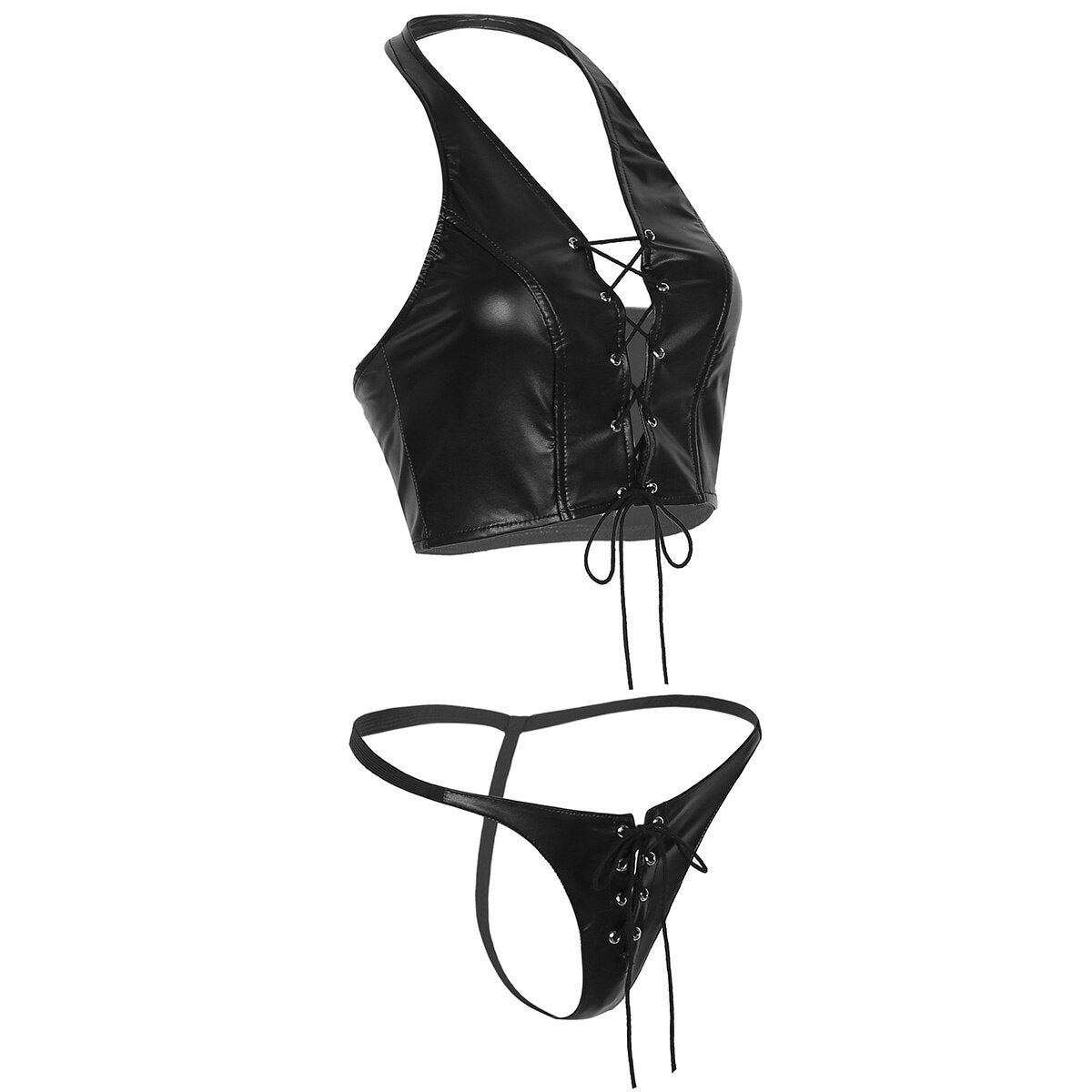 Women vintage faux leather lingerie set in black with sexy lace-up details, perfect for gothic and rock style.