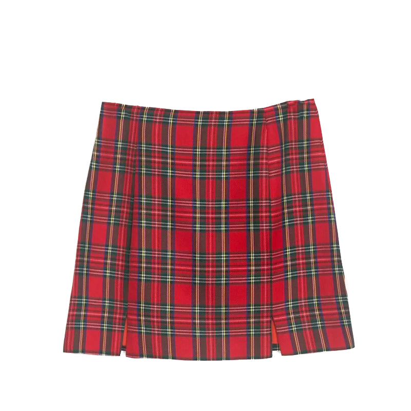 Red plaid pencil skirt with two small front slits, perfect for a stylish grunge look.