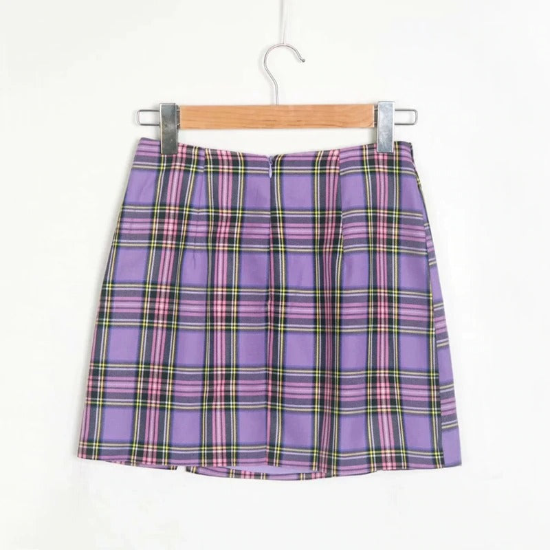 Purple plaid pencil skirt with two front slits, perfect for stylish women seeking a grunge-inspired look.