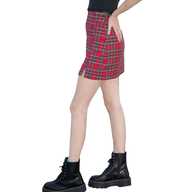 Women plaid pencil skirt with front slits, featuring a stylish red checkered design and a zipper opening.