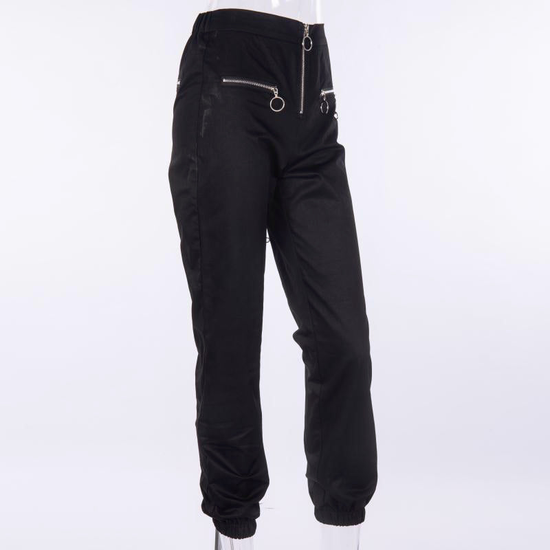 Solid black streetwear pants featuring zippers and chain details, perfect for gothic fashion enthusiasts.