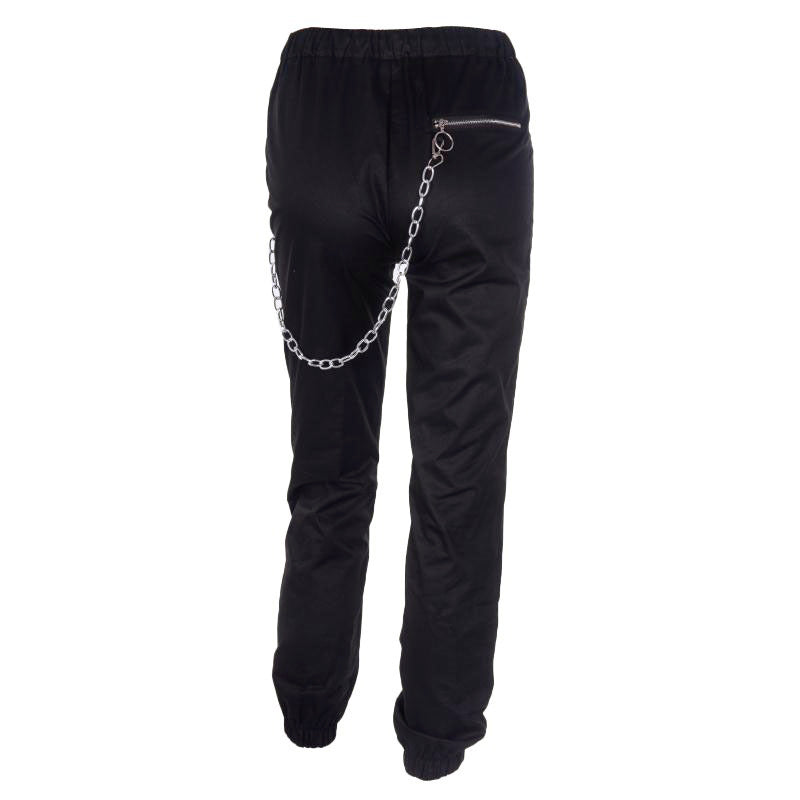 Back view of solid black women’s streetwear pants with chain detail, perfect for Gothic fashion enthusiasts.
