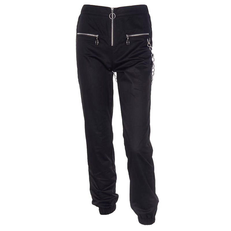 Women Zipper Streetwear Pants with a Chain / Solid Black Cool Gothic Fashion Long Trousers - HARD'N'HEAVY