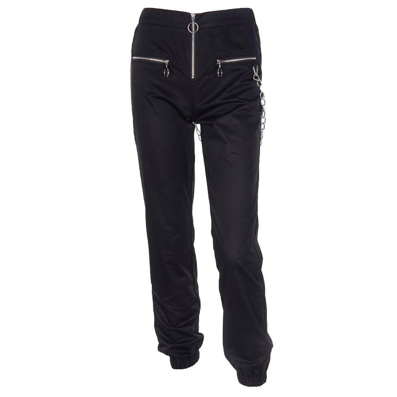 Solid black streetwear pants with chains and zipper pockets, perfect for gothic fashion lovers.