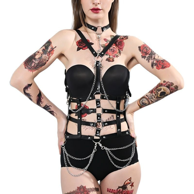 Women's Adjustable Body Harness With Chains / BDSM Bondage PU Leather Suspenders / Sexy Chest Garter - HARD'N'HEAVY