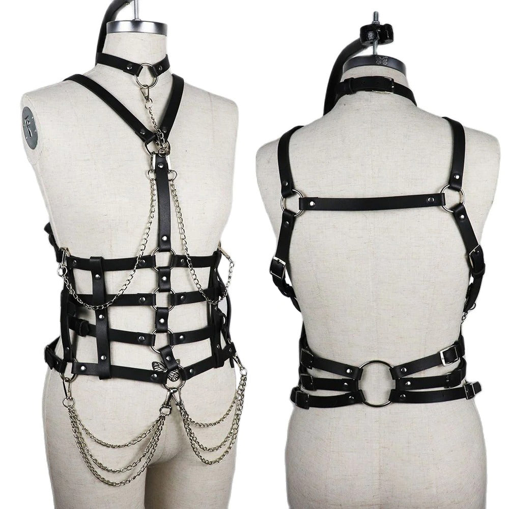 Women's adjustable body harness with chains and metal decorations, BDSM leather suspenders, sexy chest garter, erotic style.