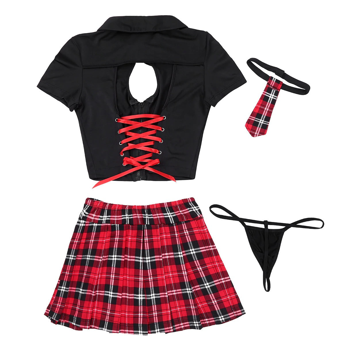 Women's sexy schoolgirl cosplay uniform featuring plaid mini skirt, lace-up top, tie, and G-string.