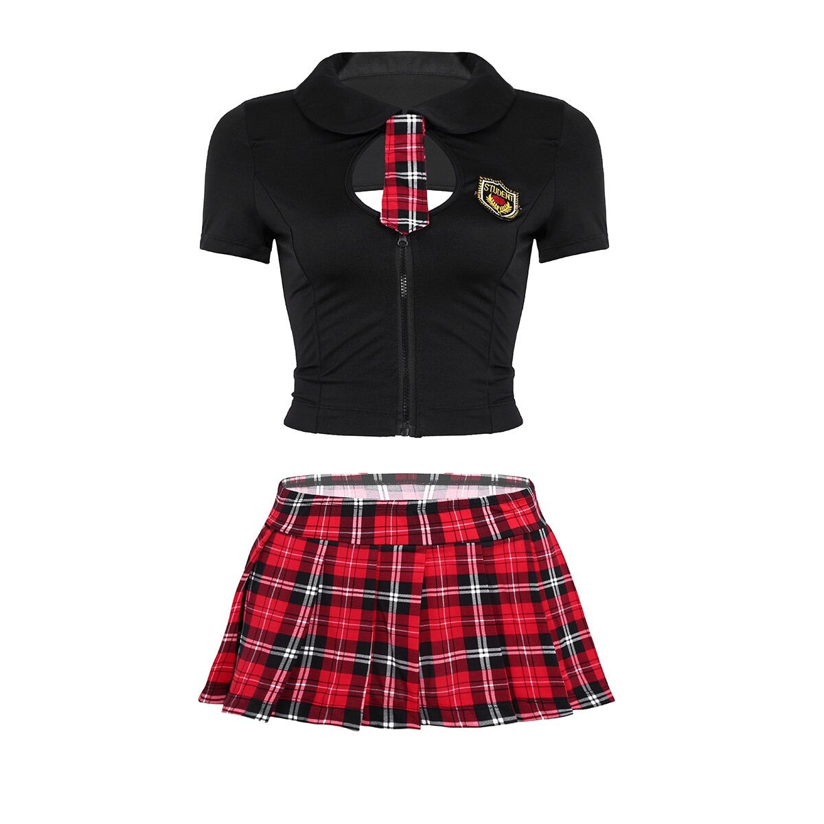 Women's sexy schoolgirl cosplay costume featuring a plaid pleated mini skirt and lace-up black top.