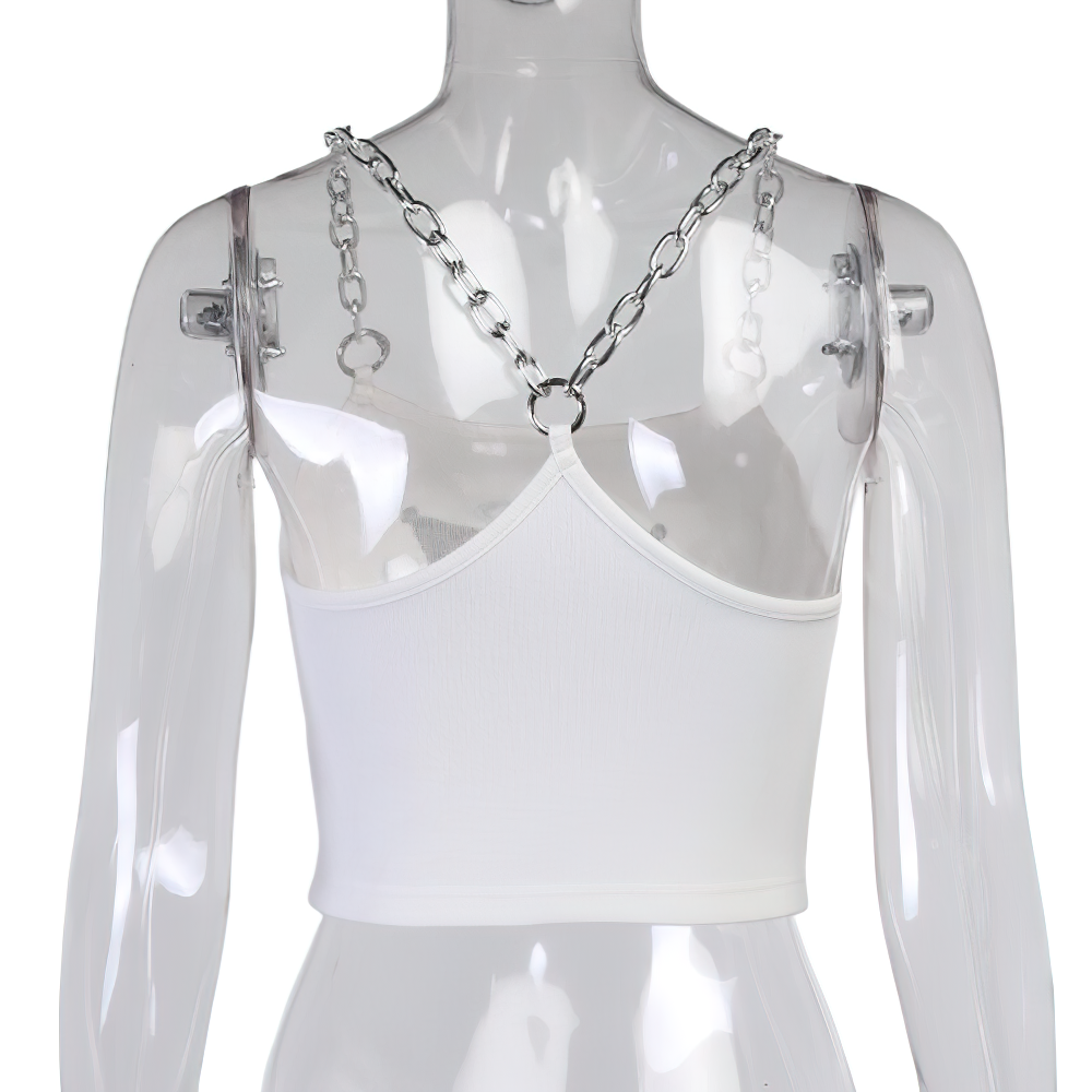 Back view of a stylish women's crop top with metal chain detail, showcasing elegance and trendy streetwear fashion.