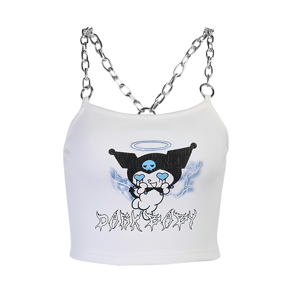 Stylish women's crop top with a playful print and chain detail, perfect for elegant streetwear vibes.