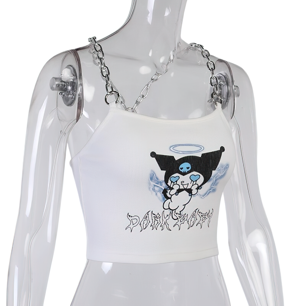 Stylish women's crop top featuring a cool graphic and metal chain for a unique streetwear look.