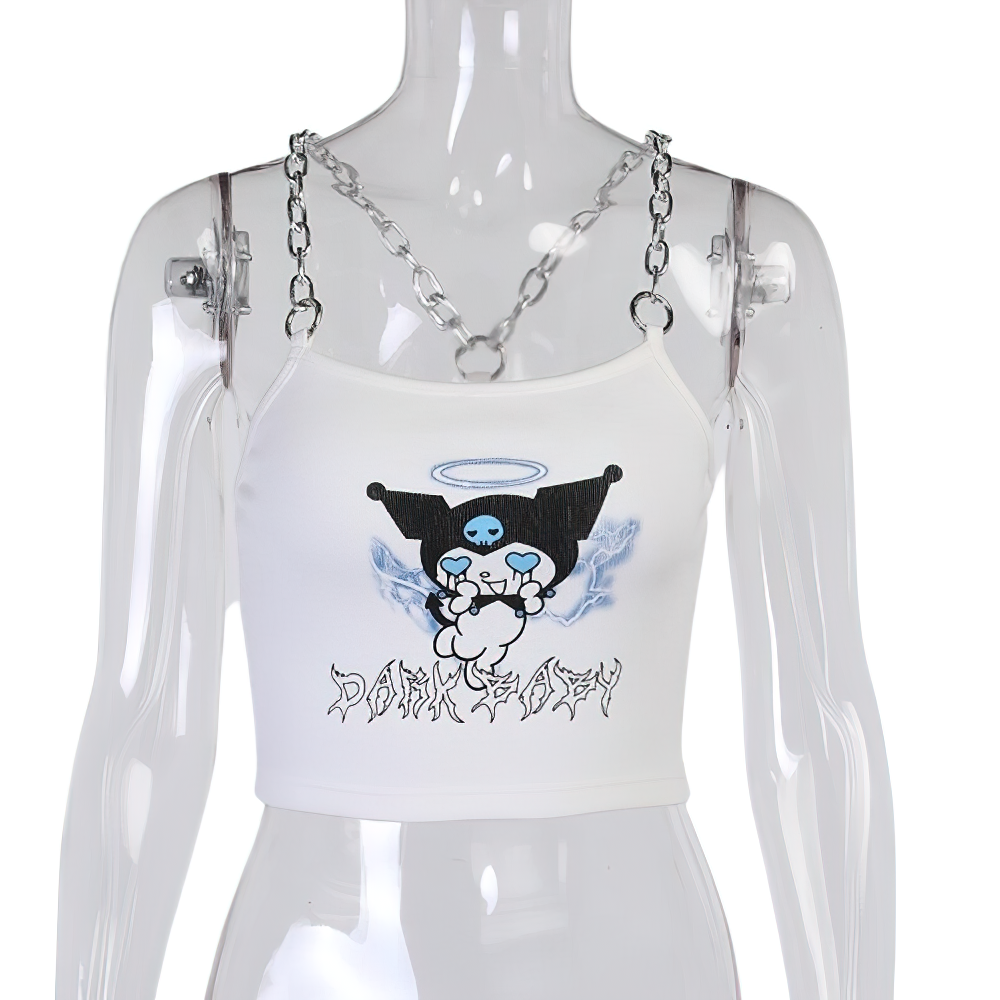 Stylish women's crop top with chain detail and edgy print, perfect for streetwear fashion.
