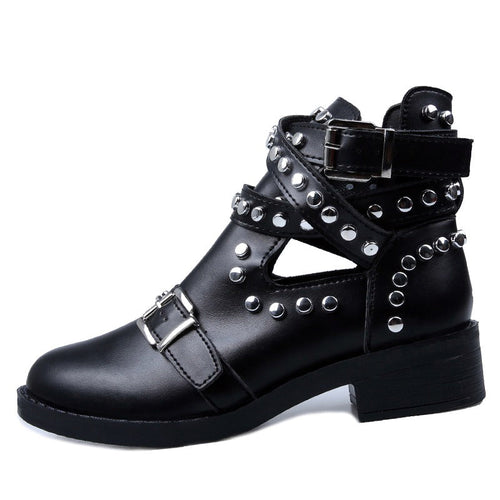 Women's Ankle Boots / Fashion Rivet Shoes with Leather Buckle Strap / Ladies Chunky Heels