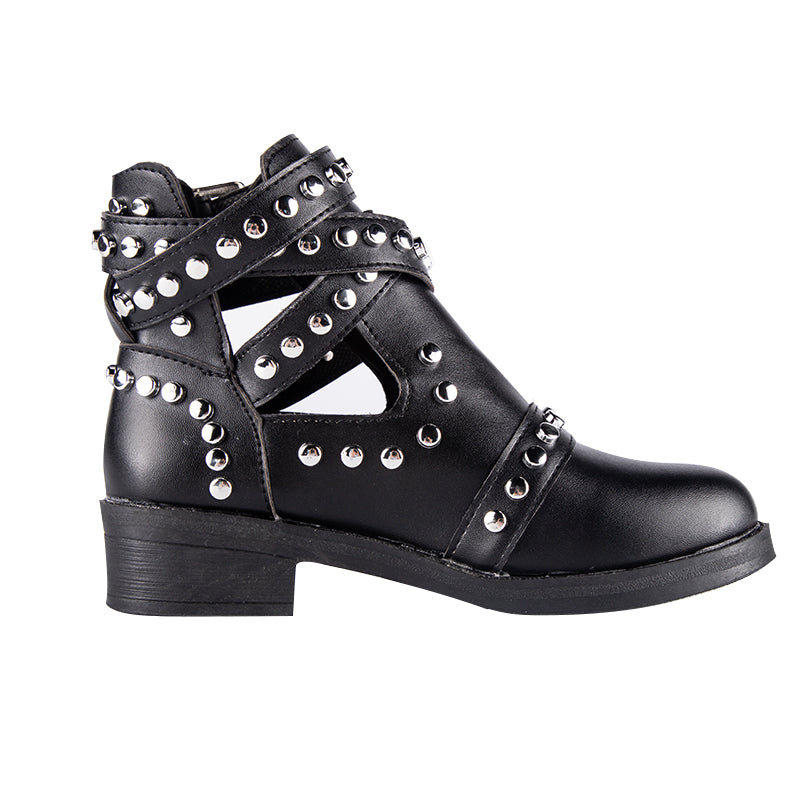 Women's rock style ankle boots with rivets and buckle straps, featuring chunky heels and an edgy design.