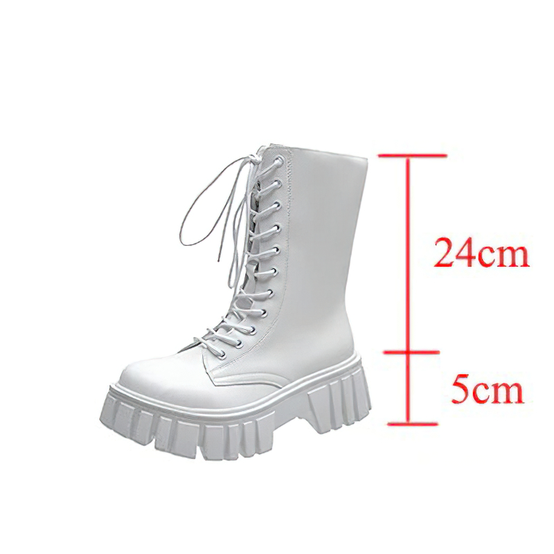White lace-up women's ankle boots with platform sole, 24cm height and 5cm heel for casual style.