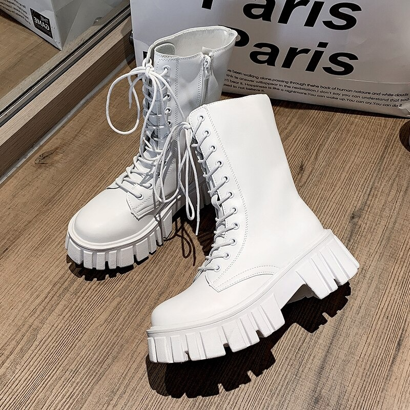 White lace-up platform ankle boots for women, featuring a round toe and chunky sole, perfect for casual and motorcycle style.