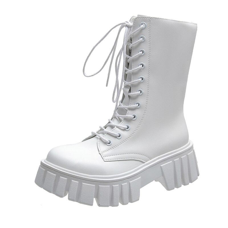 Stylish white women's ankle boots with lace-up design and chunky platform sole, perfect for casual and motorcycle looks.
