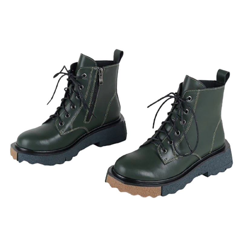 Stylish women's ankle boots in dark green leather with stylish laces and sturdy sole for trendy outfits.