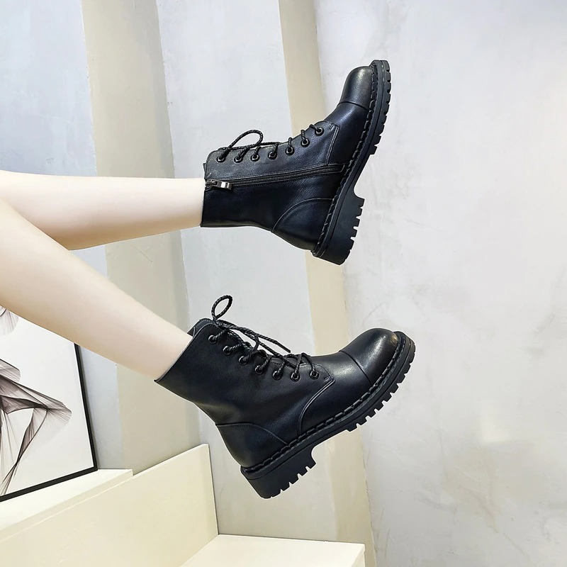 Women's Ankle Boots With Genuine Leather / Lady's Warm Handmade Round Toe Platform Shoes - HARD'N'HEAVY