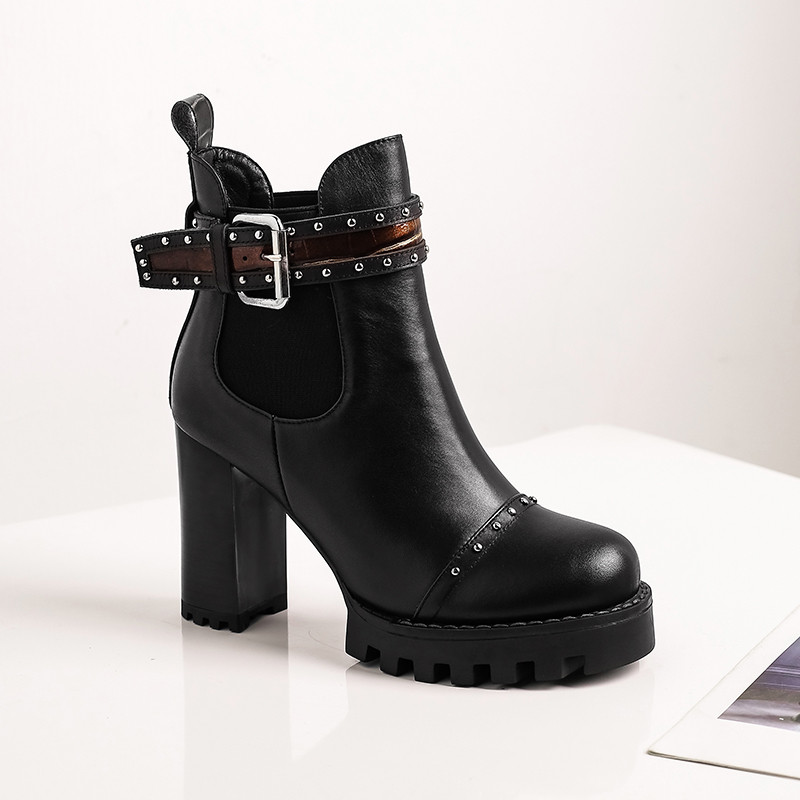 Women's Ankle Genuine Leather Boots / Fashion Rivet Buckle High Heels Shoes - HARD'N'HEAVY