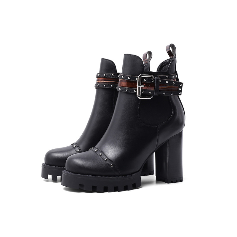 Women's Ankle Genuine Leather Boots / Fashion Rivet Buckle High Heels Shoes - HARD'N'HEAVY